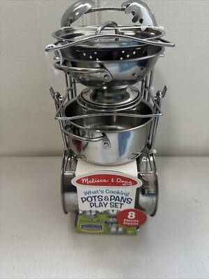 MELISSA DOUG STAINLESS STEEL POTS PANS KITCHEN PLAY SET