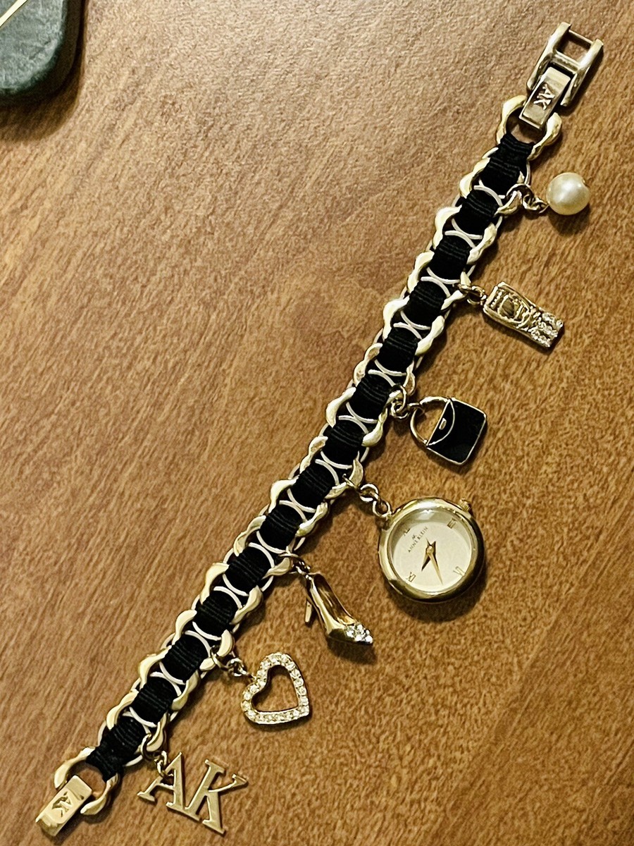 Anne Klein Charm Watch Bracelet Heart Black Ribbon Logo Bag 