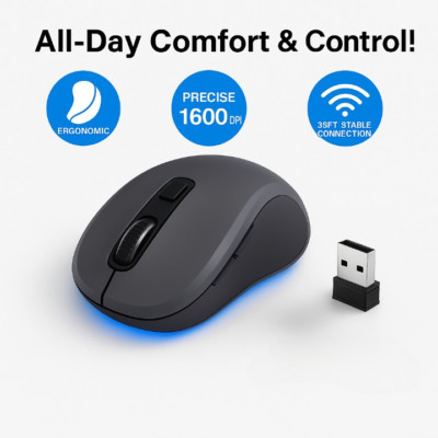 Wireless Mouse 2.4G USB Receiver Laptop PC Ergonomic 6 Button 1600DPI Grey