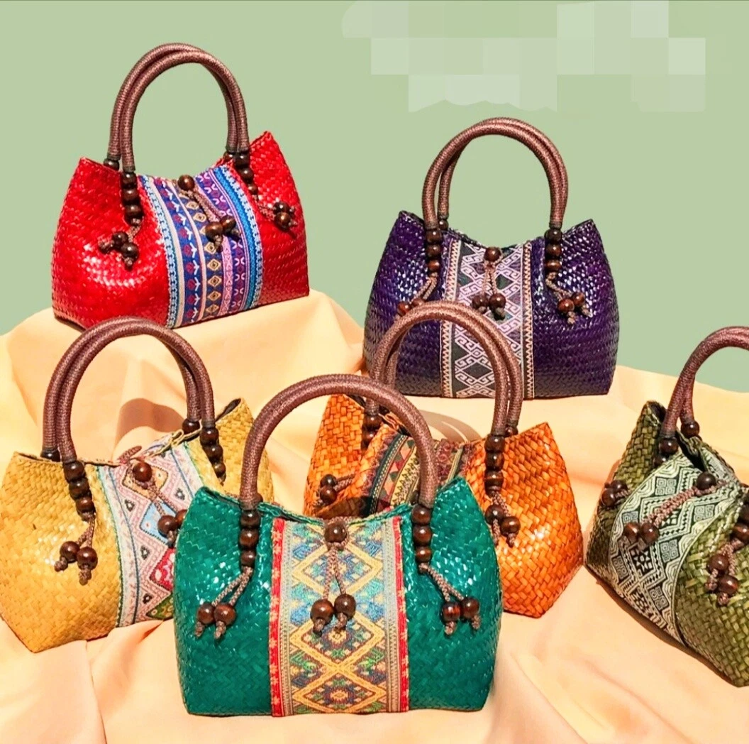 Thai Krajood woven bag ​handbag handmade decor colorful fabric wooden bead  | eBay