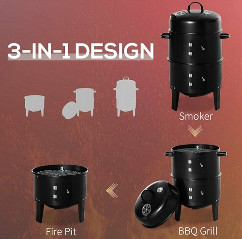 Vertical Charcoal BBQ Smoker, 3-in-1 16" Round Charcoal Barbecue Grill with 2... - Picture 4 of 9