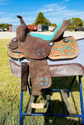 Western saddle Turquoise Kids Children Barrel Saddle With Floral Tooled 10''to13''