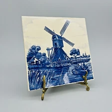 Vintage Blauw Delfts Royal Distel S.C.R. Blue Tile Windmill Fishing Boats 6x6”