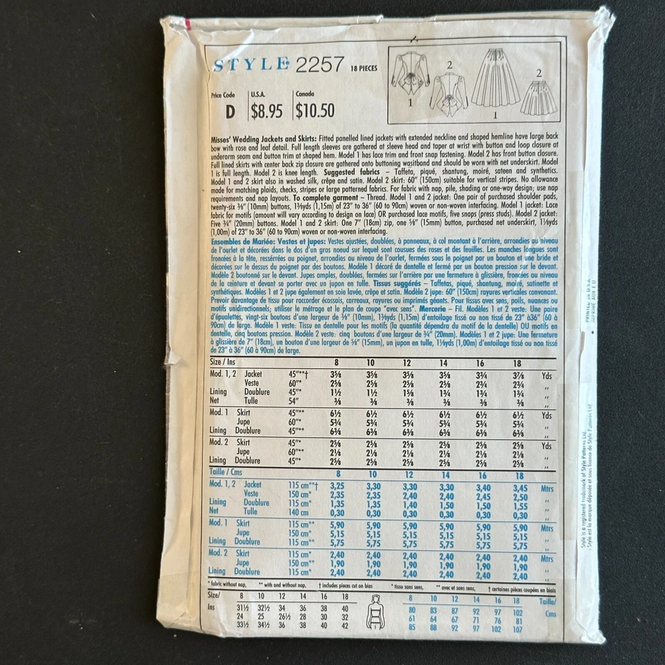 Style Sewing Pattern 2257 Size 8-18 Skirt Fitted Jacket Wedding Bridal 1990s - Image 3 of 4