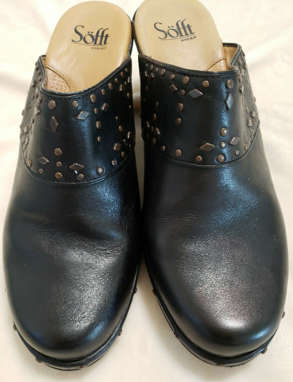 SAOLA Zoccoli donna Sofft neri in pelle muletto tacco 3" slip on. Suola tomaia con borchie taglia 9 5.