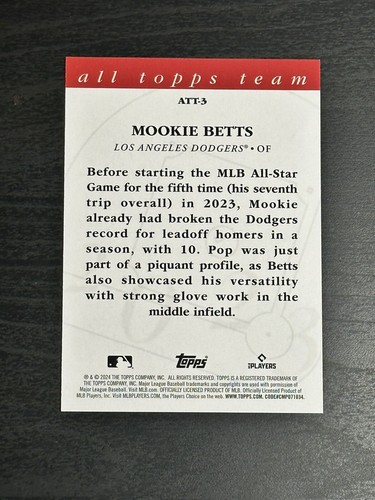 2024 Topps Series 1 #ATT-3 Mookie Betts - Los Angeles Dodgers - All Topps Team - Picture 2 of 2