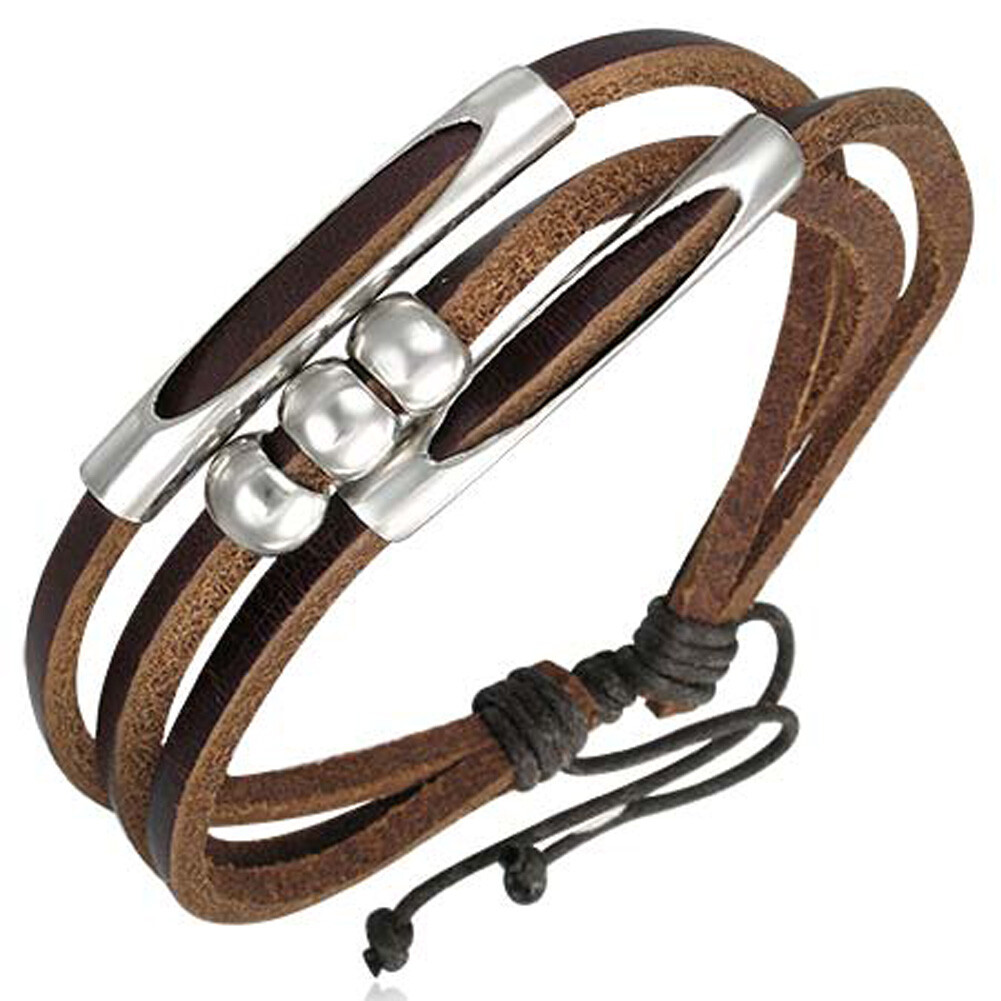 Zense - Pulsera de cuero ajustable para hombre bolas cilíndricas acero ZB0092
