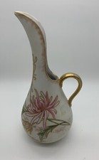 Bisque Porcelain Ewer Hand painted Pitcher Chrysanthemum Raised Gold Trim