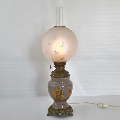 Antique Electrified Oil Lamp Petroleum Late XIX Ceramic Bronze & Glass - Picture 2 of 11