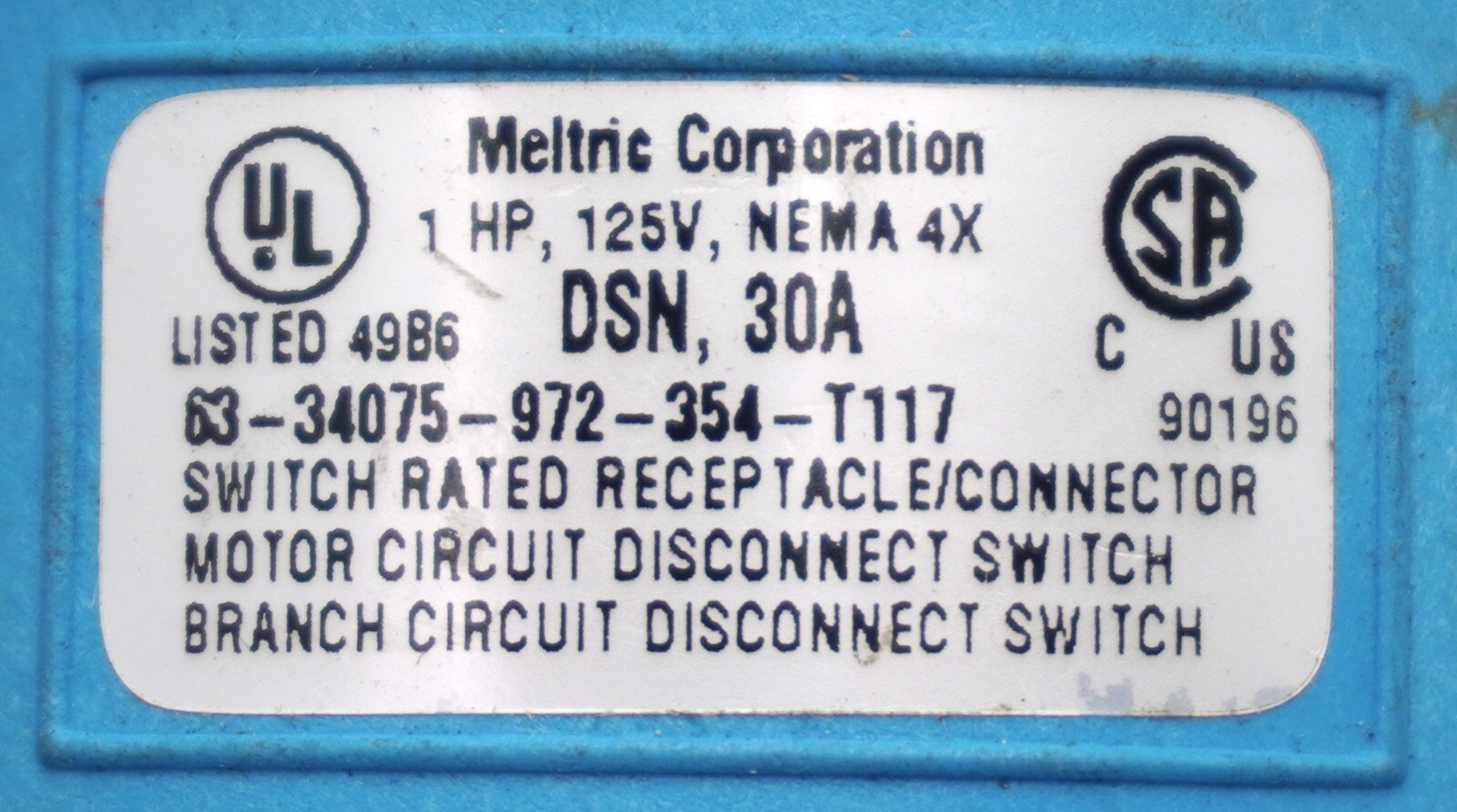 Meltric DSN 30A 63-34075 Decontactor Receptacle 1hp 125V NEMA 4X | eBay