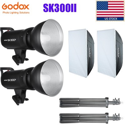 2X Godox SK300II 300Ws Studio Strobe Flash+60*90cm Softbox+2m Light Stand kit US