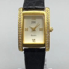 JBK Collection Watch Womens Gold Tone Crystal Black Strap Rectangle New Battery