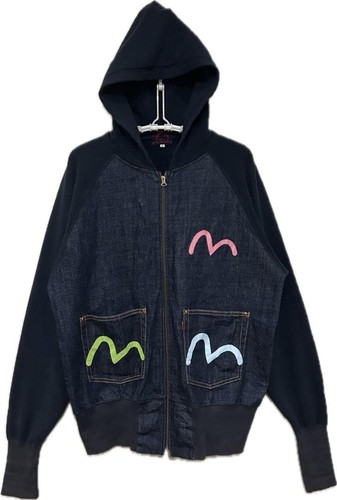 Evisu, EVISU Seagull Paint Denim Switching Zip Hoodie Navy Made in Japan Size 40