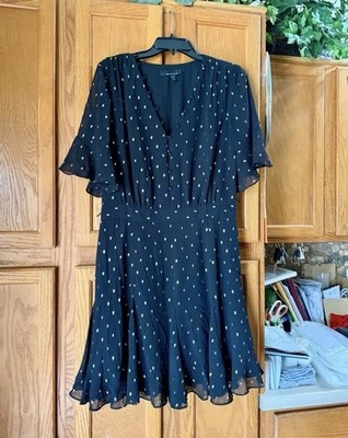 White House Black Market Dress Black Gold Metallic Chiffon Fit & Flare MISS BELT