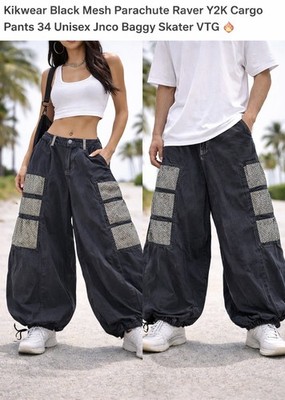 kikwear ナイロン レイブ パンツ　RAVE PANTS Kikwear Black Parachute Pants 34 Mesh Cargo Rave Y2K Baggy Skater