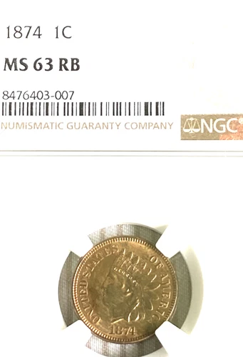 1874 INDIAN HEAD CENT NGC 63 RB 85 % RED