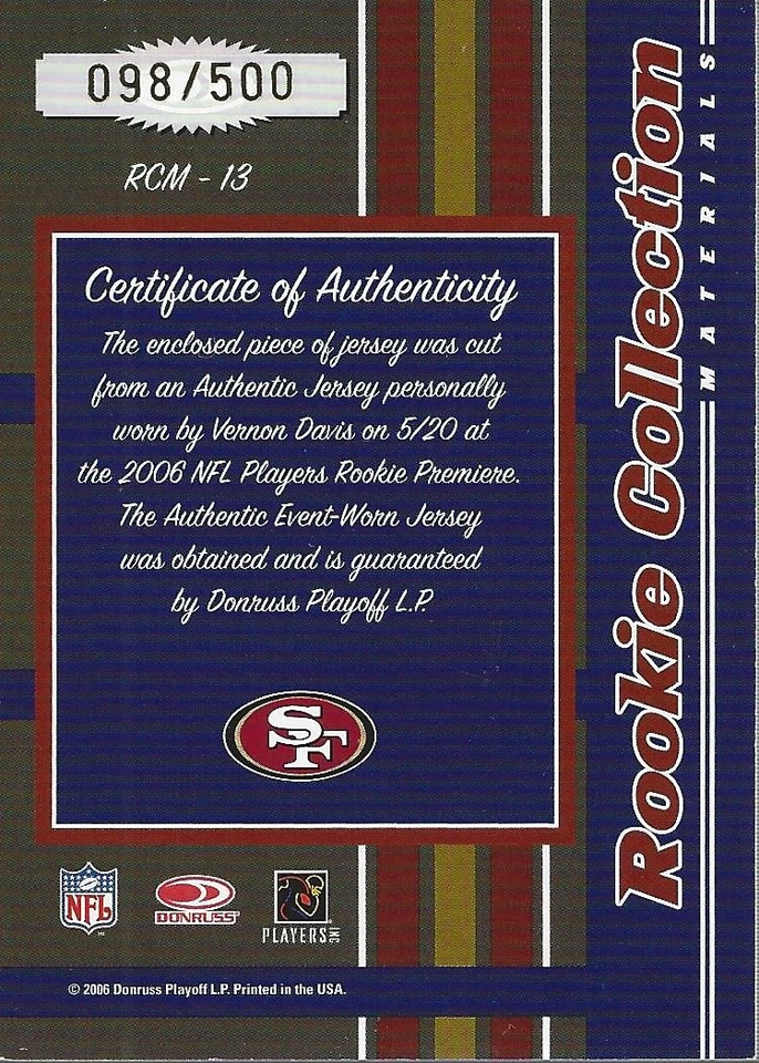 2006 Donruss Threads Rookie Collection Materials #13 Vernon Davis/500 Jersey FB - Image 2 of 2