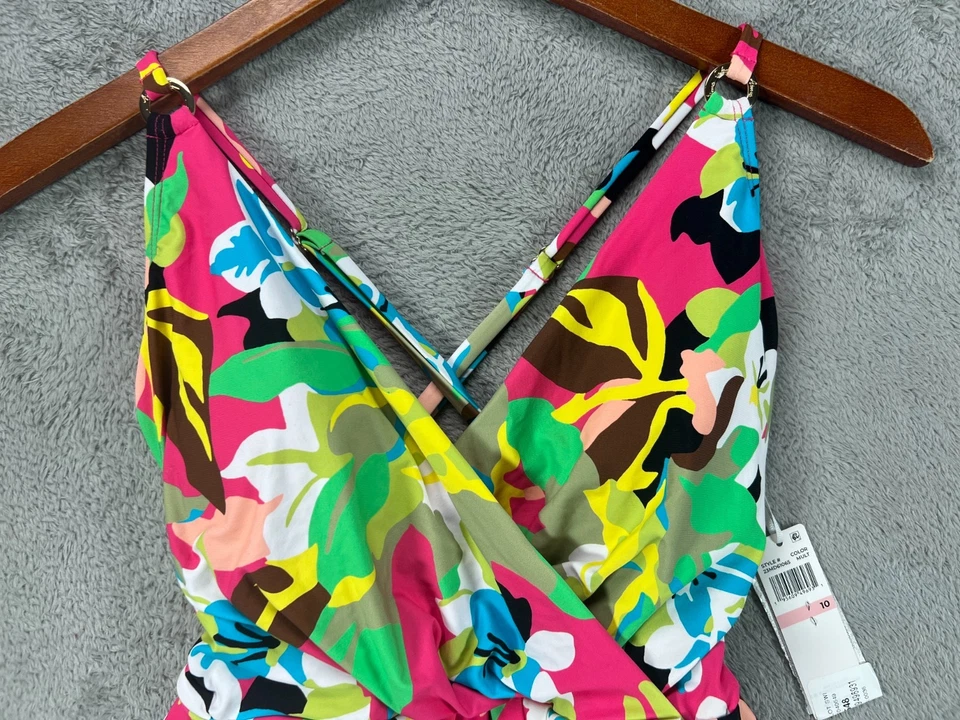 Anne Cole Maillot Print Surplice Swim Dress Pink Floral Womens Sz 10 Swim Dress - Image 3 of 4