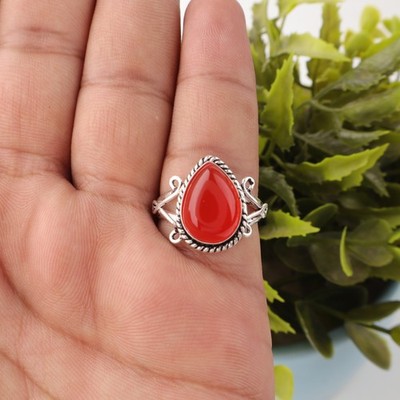 Pear Carnelian Gemstone Sterling Silver Band Promise Ring Jewelry Size All Sizes