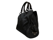 Prada Black Nylon Tote Bag with Plastic Handles Triangle Logo Vintage Authentic