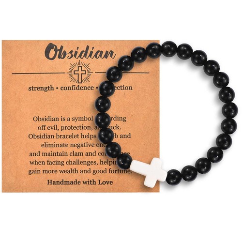 Christian Cross Bracelet for Women Men - Natural Bead Bracelets, Religious Cross - Picture 1 of 7