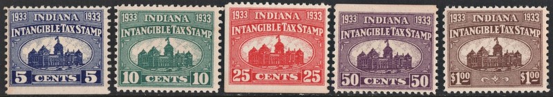 SRS IN D1-5 5¢-$1.00 Indiana Intangible Tax Revenue Stamps (1933) MNH