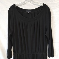 Lands' End Midi Dress Women 0X 14W Black Pleated Scoop Neck 3/4 Sleeve Elastic
