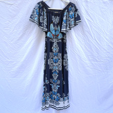 Farm Rio Anthropologie Linen Maxi Dress XS Blue Butterfly Boho Flutter Sleeves