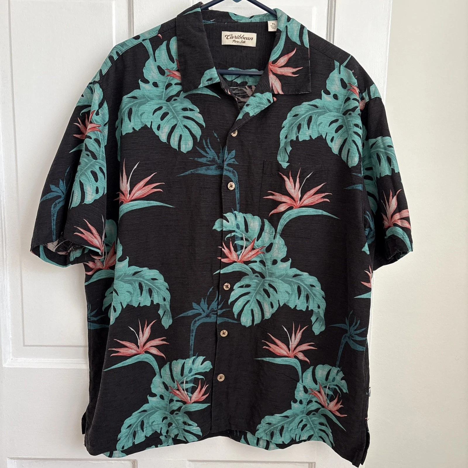 100% Silk Caribbean Pure Silk Men's Button Down Hawaiian Tropical Resort | XL