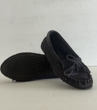 Minnetonka Dark Blue Suede Driving Moccasins Size 8 Fringe Flap Slip On Flat