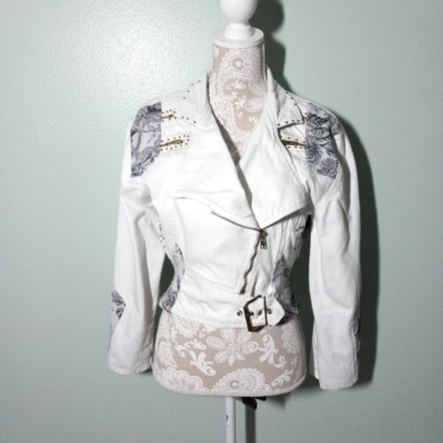 Vintage Denim Moto Jacket size Small, White Floral Tapestry 80s Rocker Studded