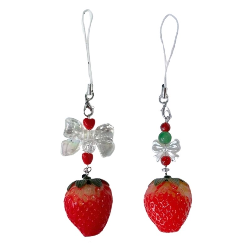 Y2k Strawberry Charm Keychain Bowknot Phone Strap Backpack Bag Ornament for Girl
