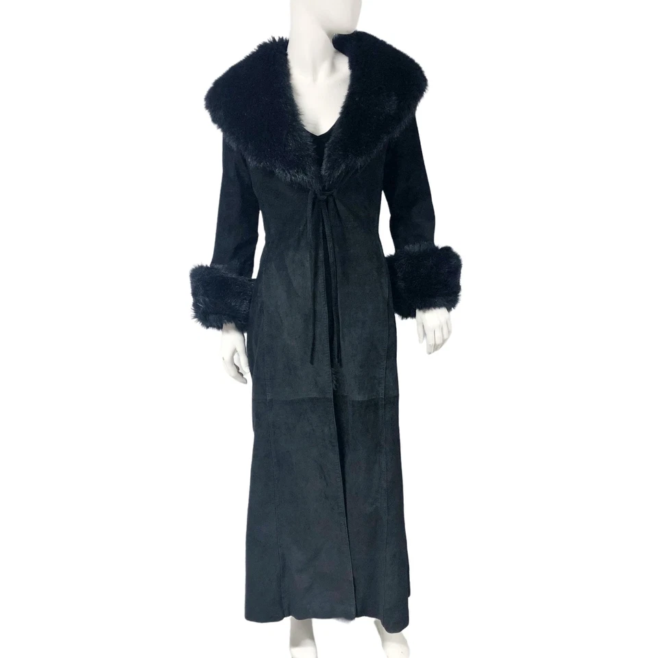 Vintage Y2K 2000s Express Black Suede Faux fur Long Coat Duster Size 5/6 - Image 4 of 4