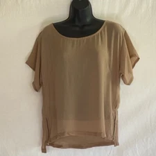 D-177 Sis Sis Tan Oversized Short Sleeve Zipper Trim Pullover Blouse Size S