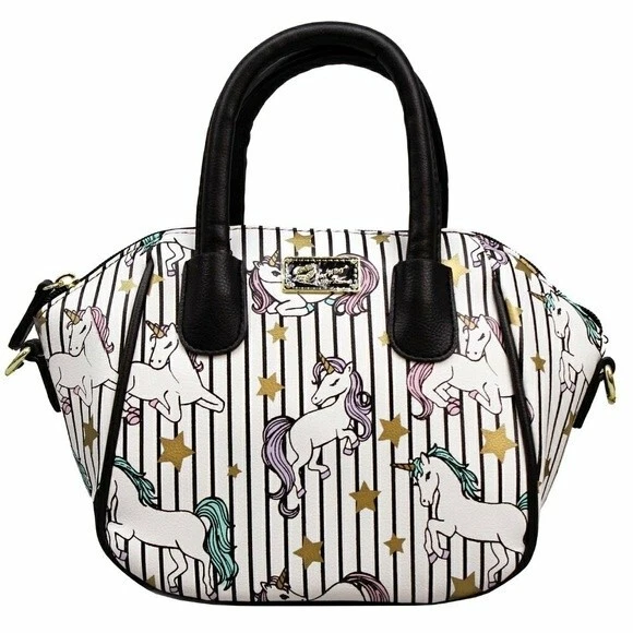 Luv Betsey Johnson Quinn Striped Magical Unicorn Satchel Crossbody Bag Purse NEW