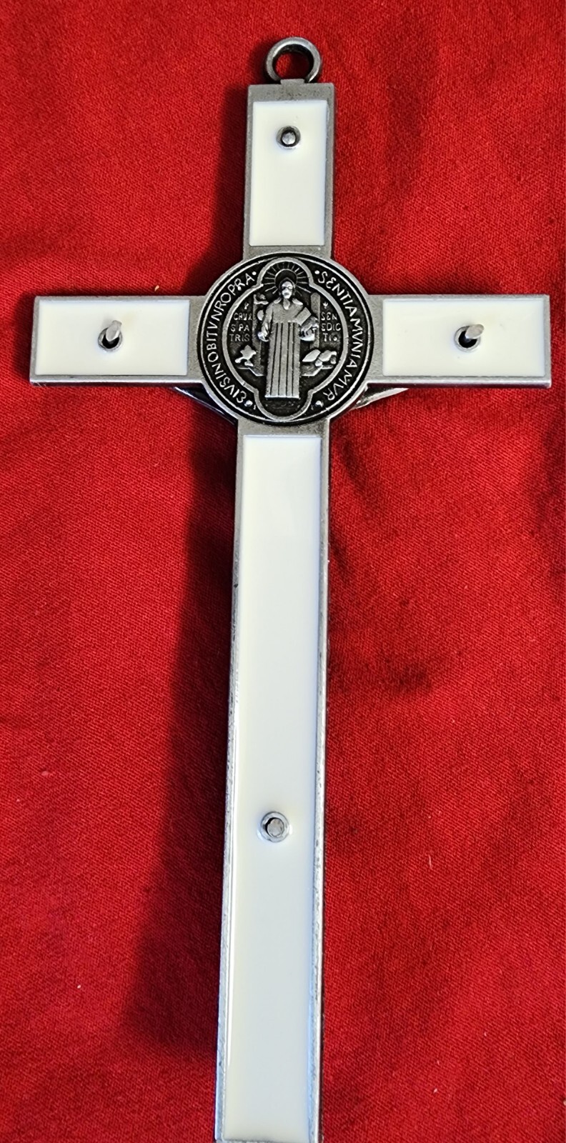 WHITE  Enamel metal  Wall Cross Saint Benedict  Crucifix 7×3.5 " new In Box 