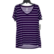 LuLaRoe Womens T-Shirt Size XS Christy T Purple White Striped V-Neck Stretch