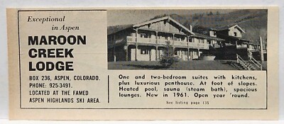 1964 Maroon Creek Lodge Aspen Colorado Highlands Ski Area MCM Original Print Ad
