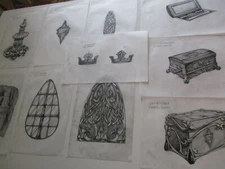 COLLECTION  OF DRAWINGS TREASURE ANTIQUE RELIC BOX DESIGN COMIC ILLUSTRATION ART