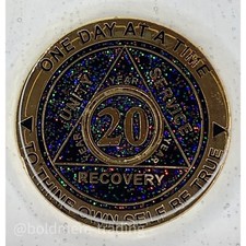 20 Year Alcoholics Anonymous Medallion Black Gold Plated AA Sobriety Chip Coin