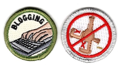 Spoof Merit Badges  - Two (2) Badges 1 1/2 '' Emb Patch ''Blogging''/''Moonshine''