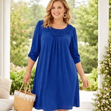 Julian Taylor Dress Women 18W Blue Rosette Neck Ruched 3/4 Sleeve Shift Cocktail