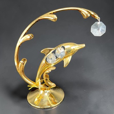 Crystal Delight 24K Gold Plated Dolphin Figurine Austrian Crystal Mascot USA 5''