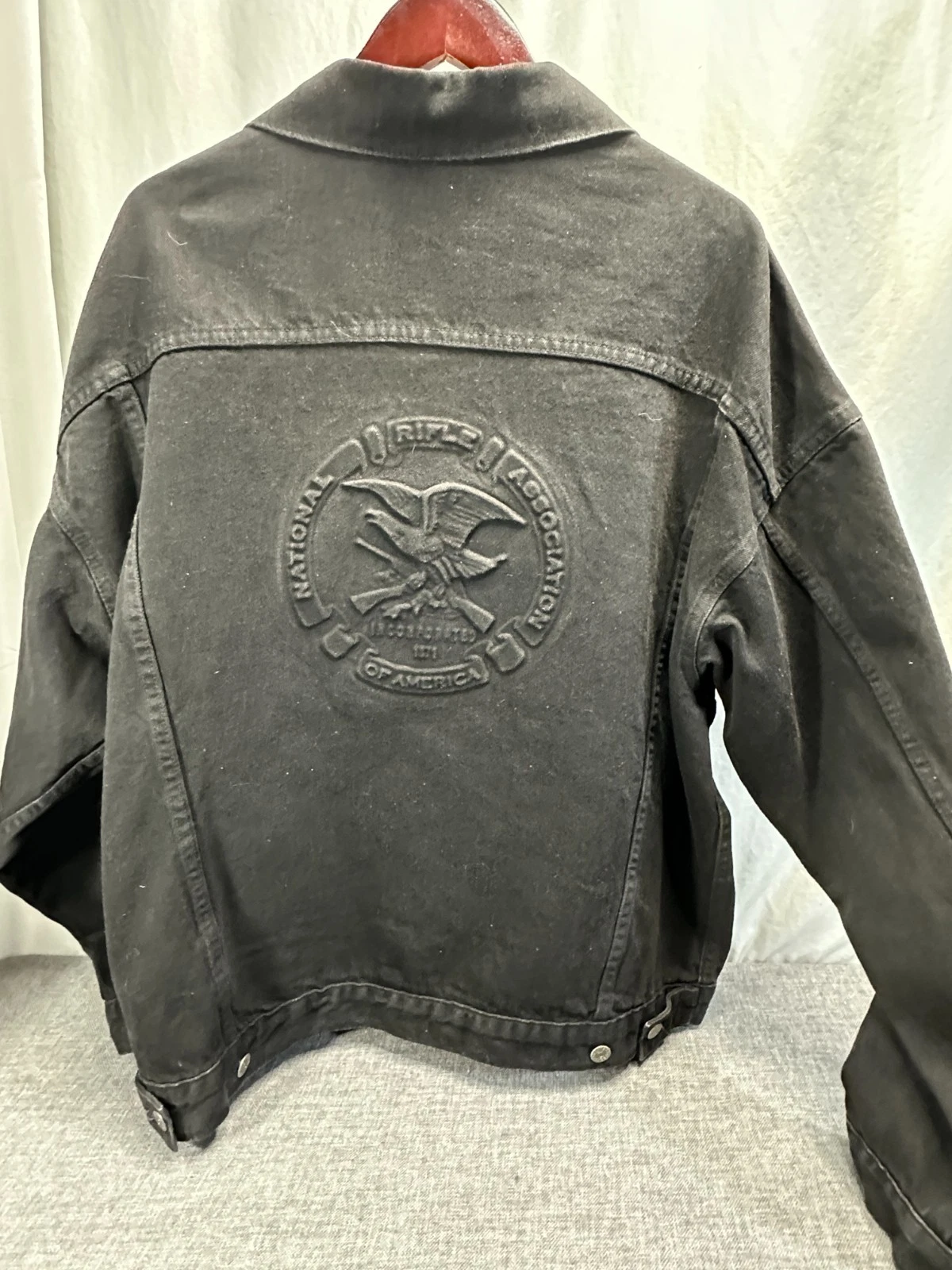 Embossed NRA Jacket Mens X Large Black Denim Trucker Jacket USA Cotton EUC