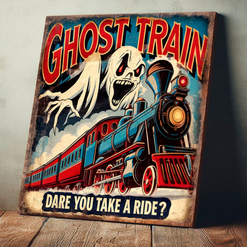 Ghost Train Sign Funfair Ride Large 34cm Wood Panel Spooky Fun