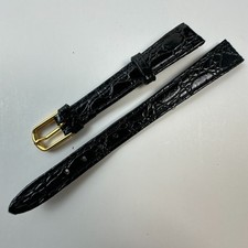 Womens Watch Bands Black 12mm Leather Crocodile Grain Two Piece Strap Gold Tone