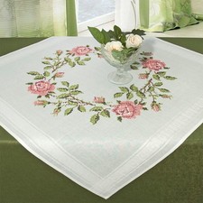 Stickpackung Tischdecke 80x80 Blumen Kreuzstich vorgez. Stickset + Stickvorlage