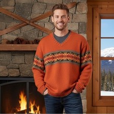 Vintage EDDIE BAUER Fair Isle Wool Ski Sweater M Orange Multi EUC