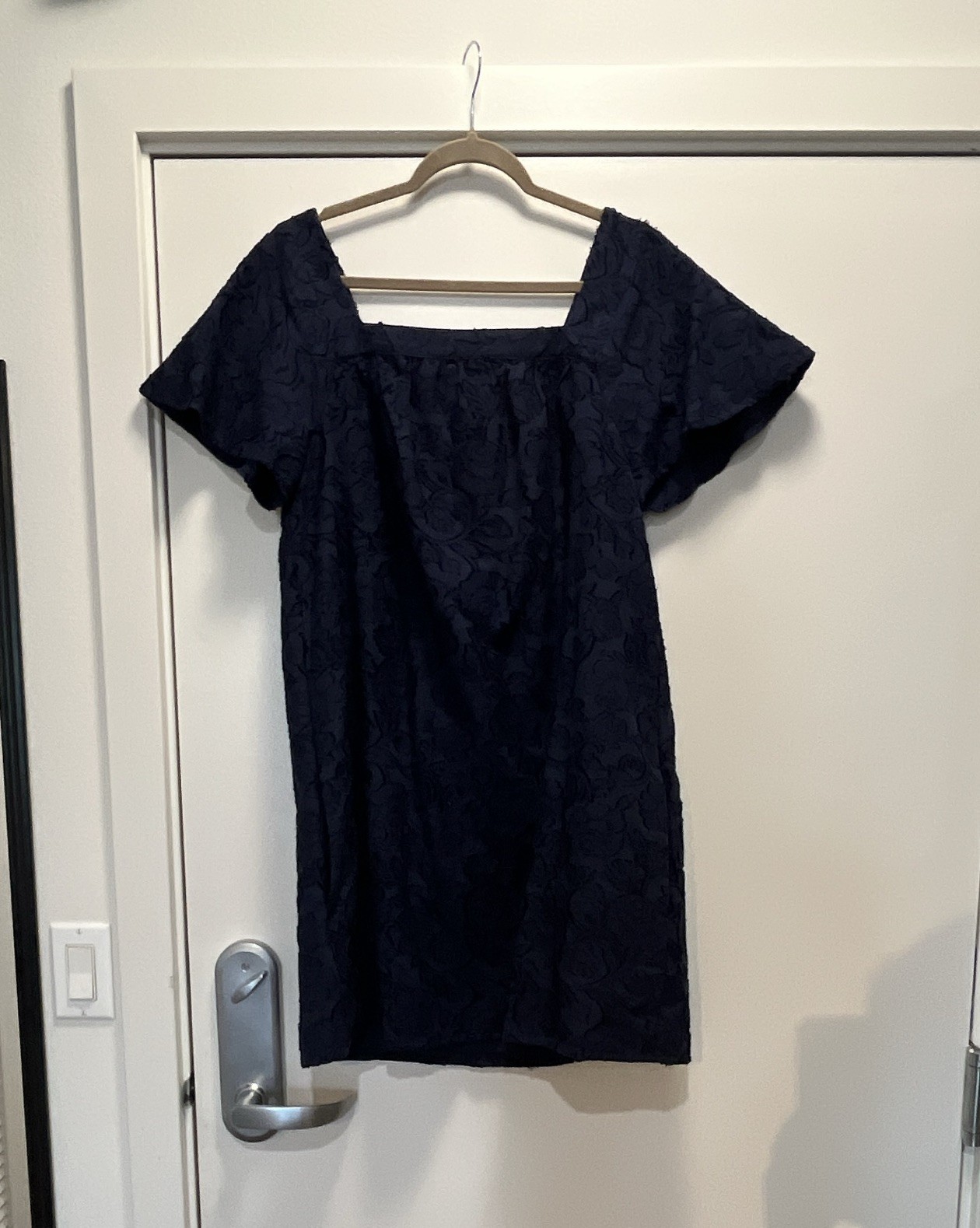 LOFT Outlet Navy Floral Jacquard Textured Shift Dress Square Neck Short Sleeve M
