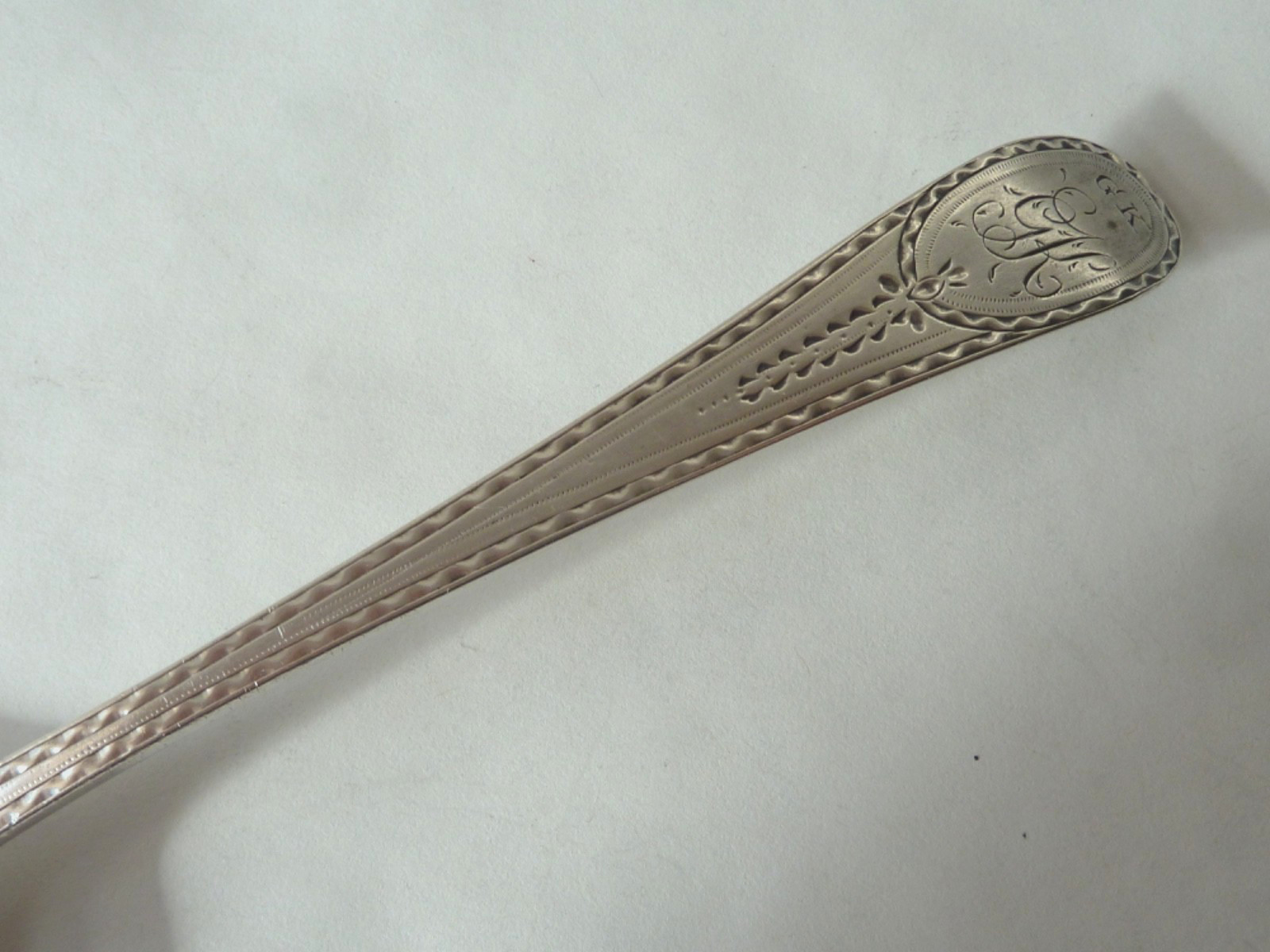 HESTER BATEMAN STERLING TABLESPOON,  ENGRAVED "GK" IN THE RESERVE, 1785 LONDON